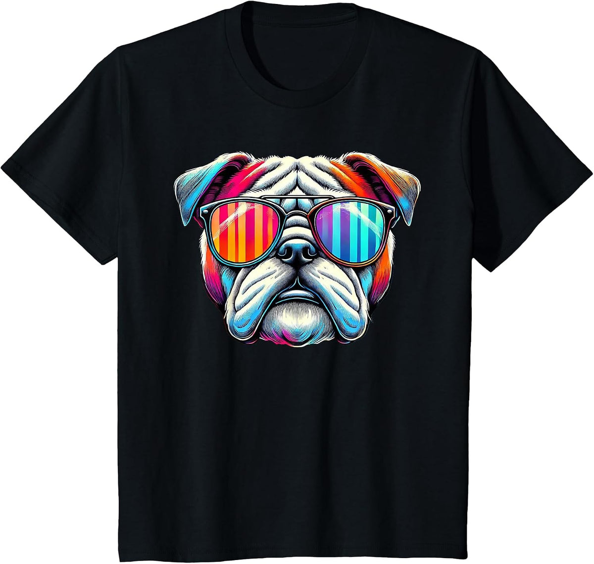 Colorful English Bulldog Wearing Sunglasses T-Shirt - Black