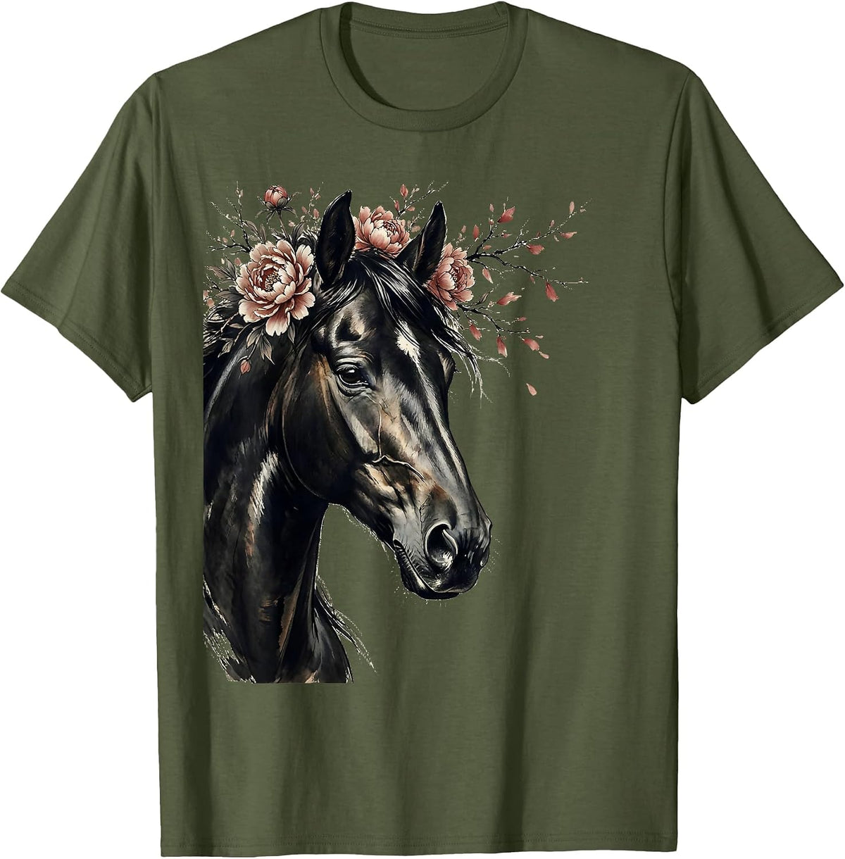 Horse Head Portrait with Floral Crown Illustration T-Shirt - Olive Green