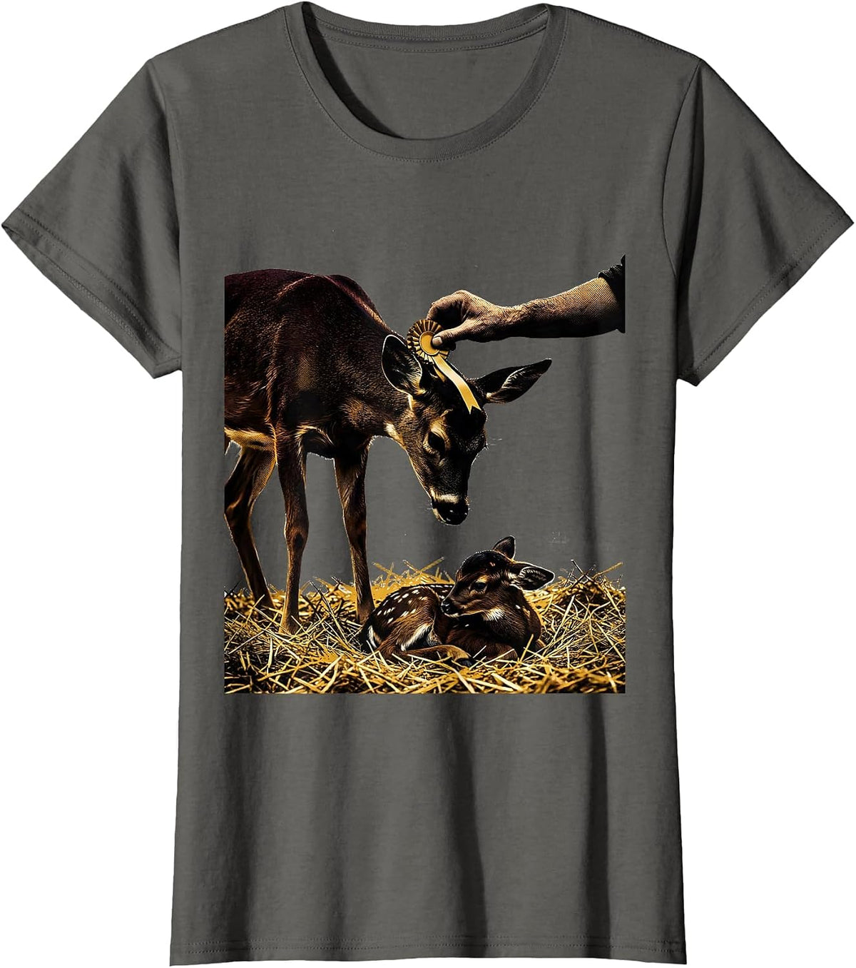 Women's Newborn Kid Horned Doe Screenprint Poster Goat Lover Gift T-Shirt - Asphalt Grey