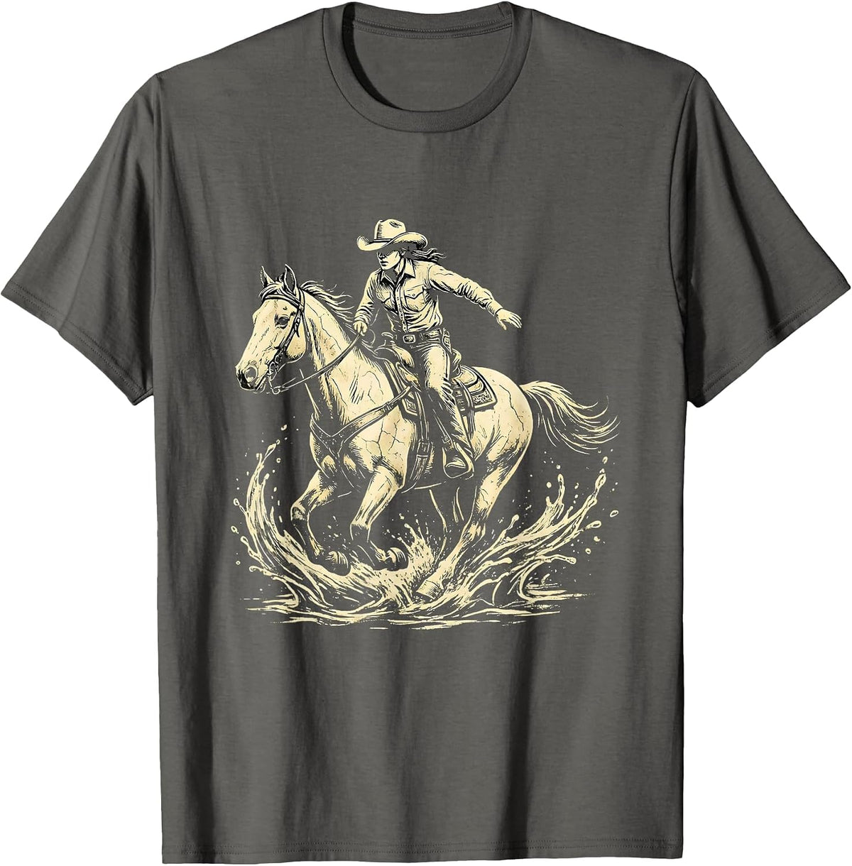 Cowgirl Riding Horse Through River Splash T-Shirt - Asphalt Grey