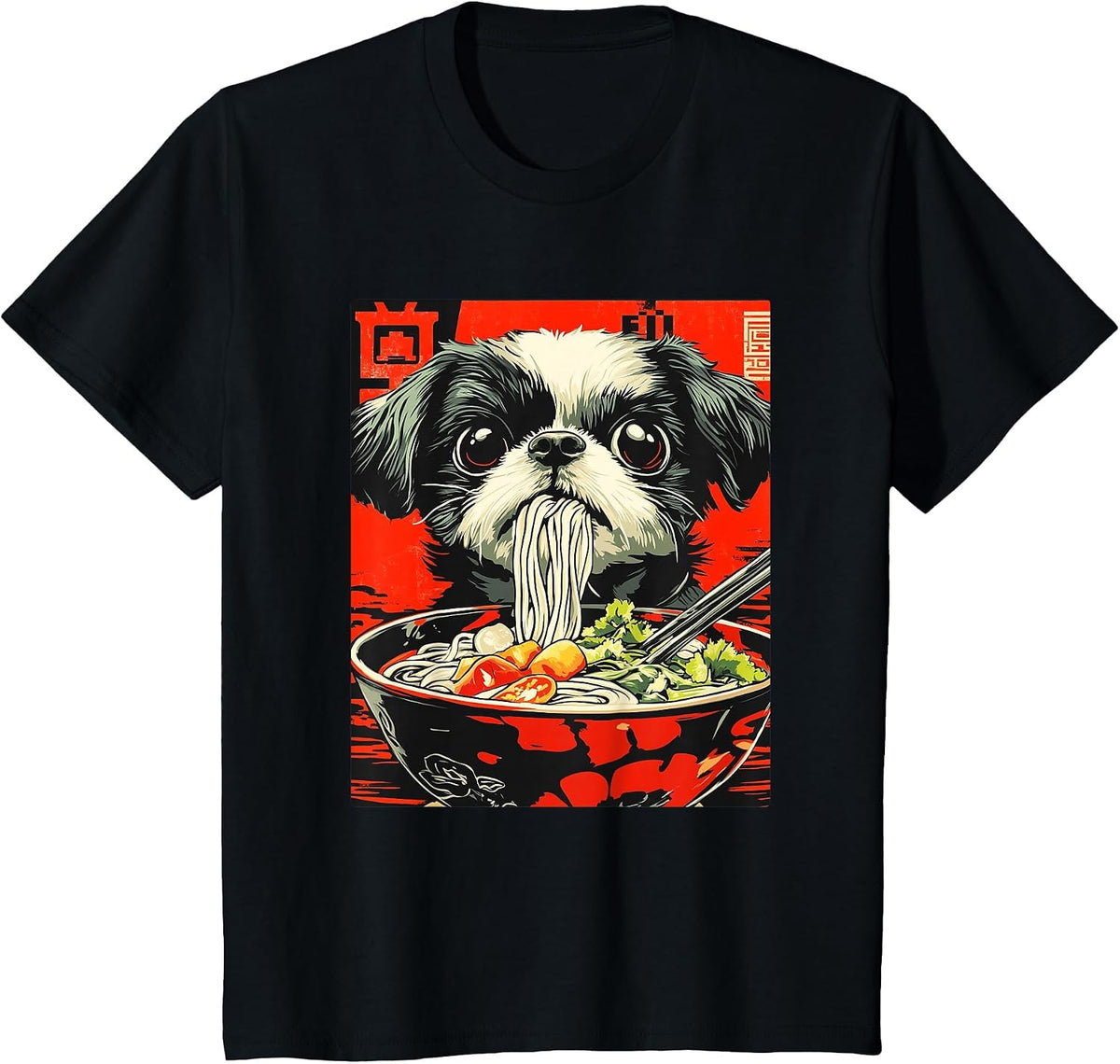 Shih Tzu Eating Japanese Ramen T-Shirt - Black