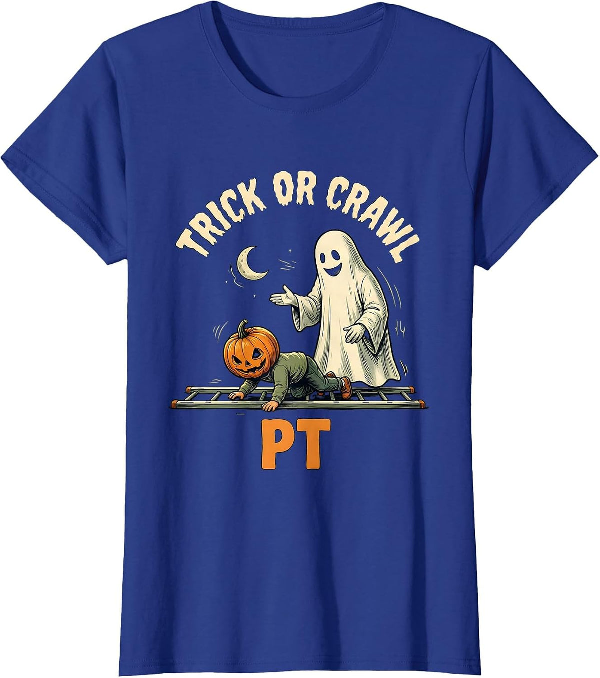 Women's Trick Or Crawl PT Funny Physical Therapy Halloween Ghost T-Shirt - Royal Blue