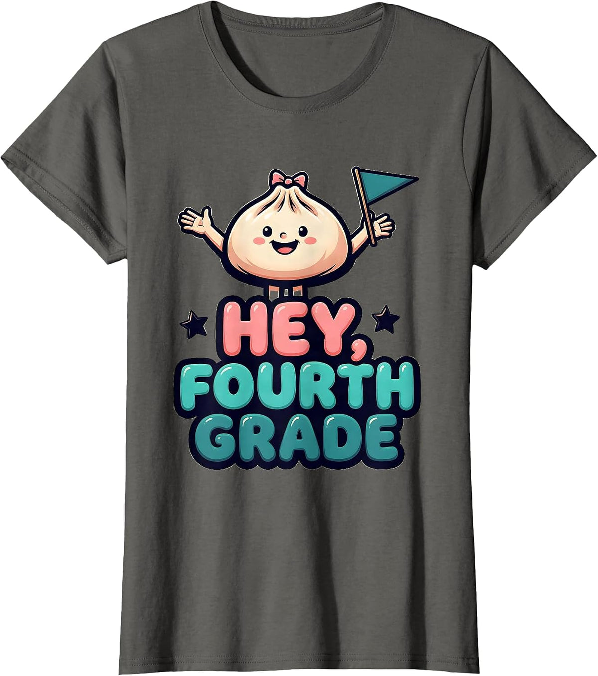 Women's Hey, Fourth Grade Cartoon Dumpling Girl Back to School T-Shirt - Asphalt Grey