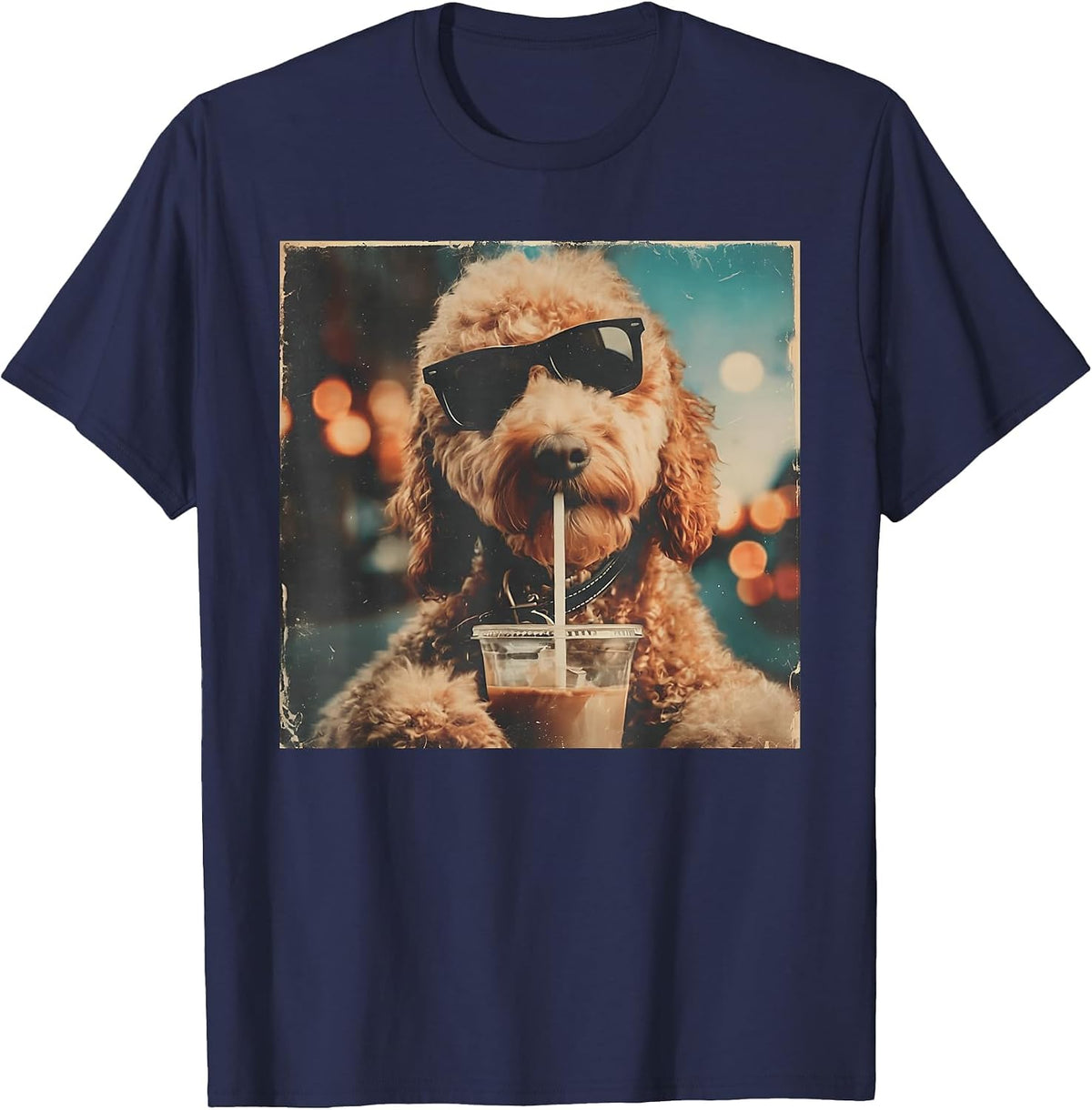 Funny Goldendoodle Drinking Iced Coffee Dog with Sunglasses T-Shirt - Navy Blue