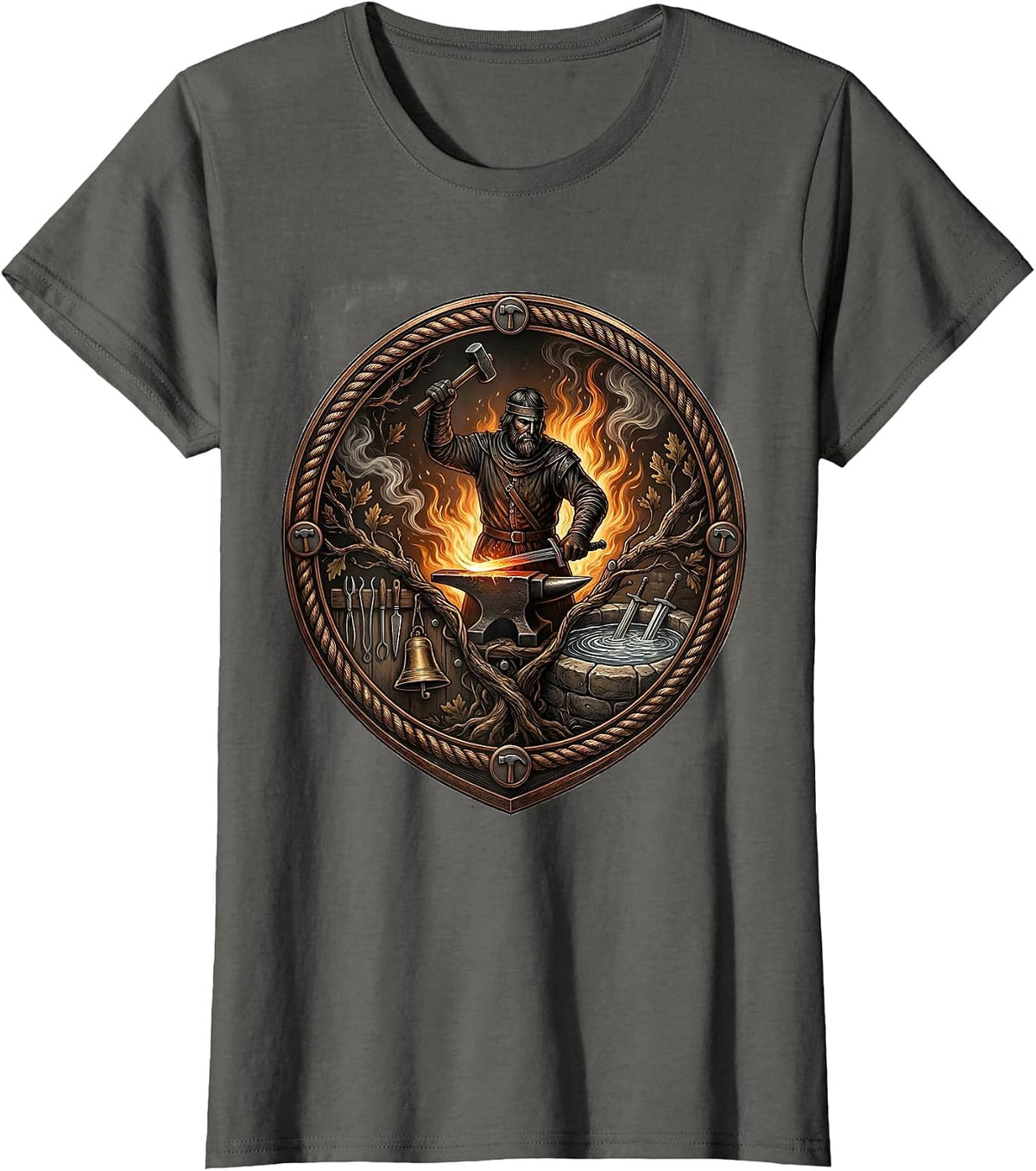 Women's Medieval Blacksmith Forging Sword at the Forge T-Shirt - Asphalt Grey