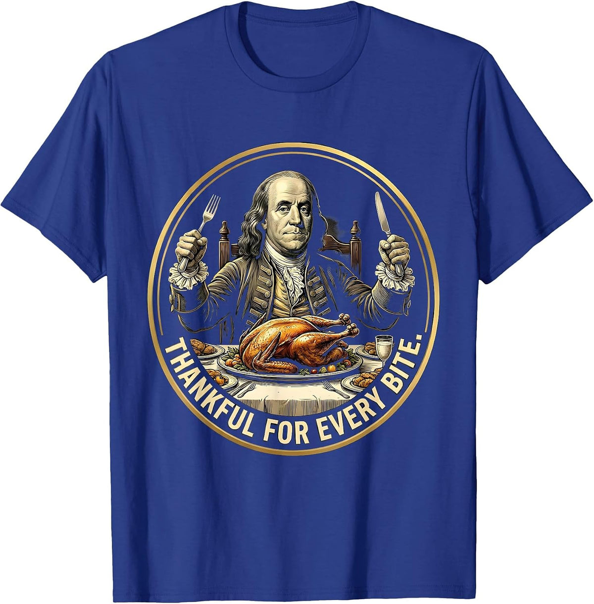 Thankful for Every Bite Kids Thanksgiving Design T-Shirt - Royal Blue