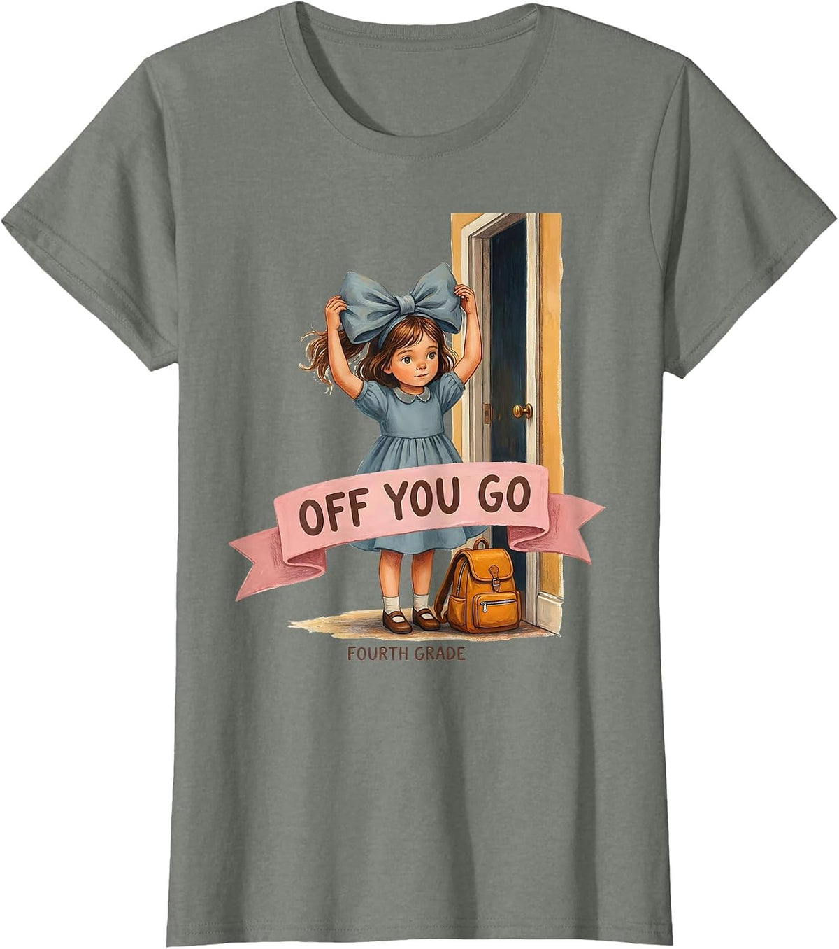 Off You Go Fourth Grade Watercolor Coquette Bow T-Shirt - Olive Heather