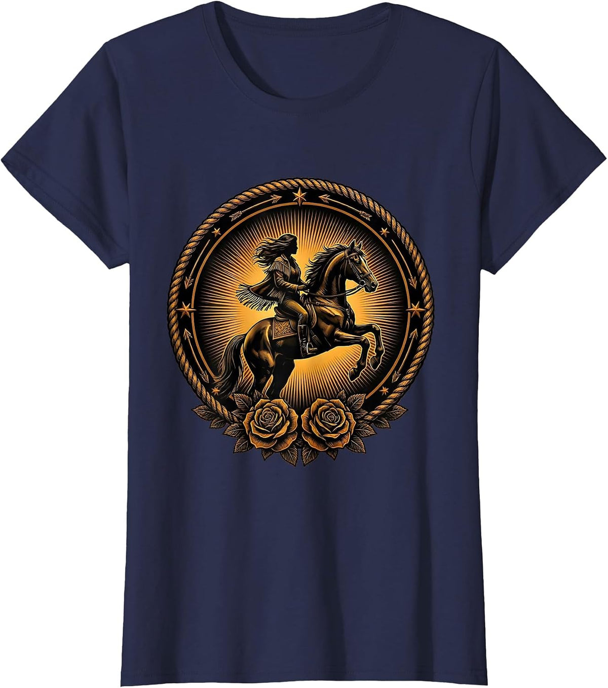 Women's Horseback Rider Sunset Silhouette Western Design T-Shirt - Navy Blue