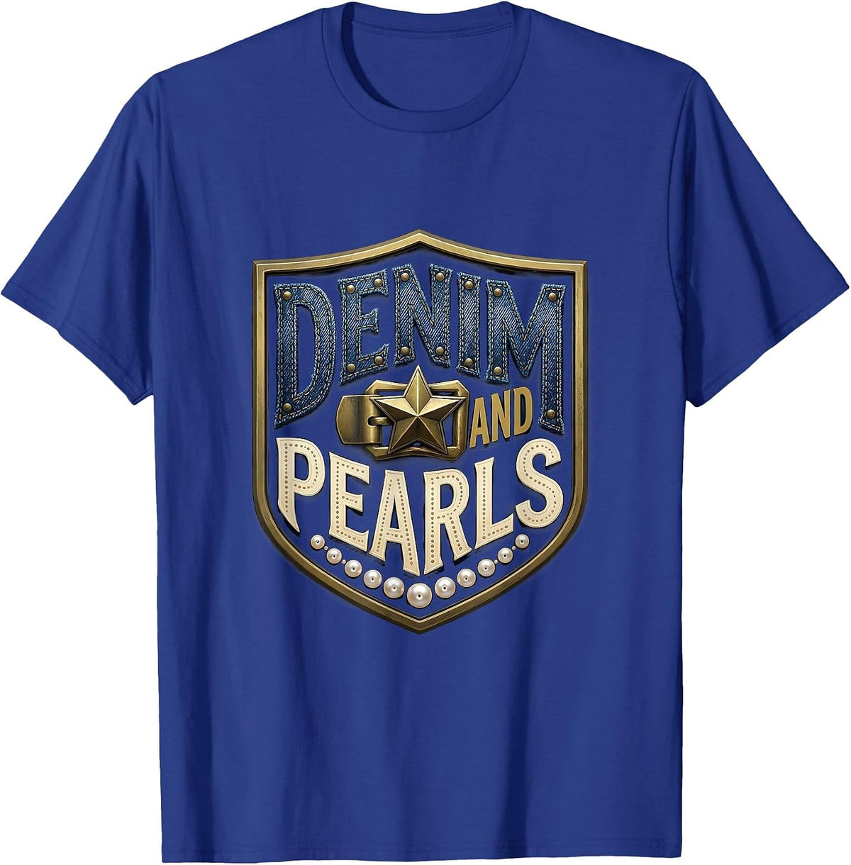 Men's Denim and Pearls Western Cowgirl Glam Style T-Shirt - Royal Blue