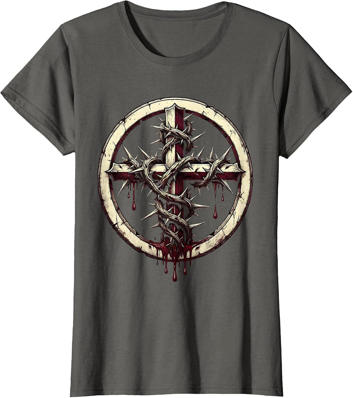 Women's Cross Wrapped in Thorns with Dripping Blood Design T-Shirt - Asphalt Grey