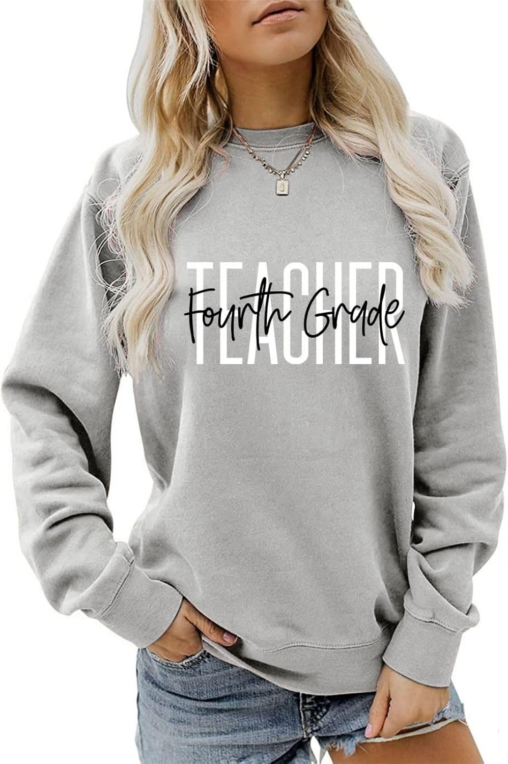 Retro Fourth Grade Teacher Sweatshirt for Women Crewneck Pullvoer Sweater 4th Grade Long Sleeve Shirts Fall Tops - Grey