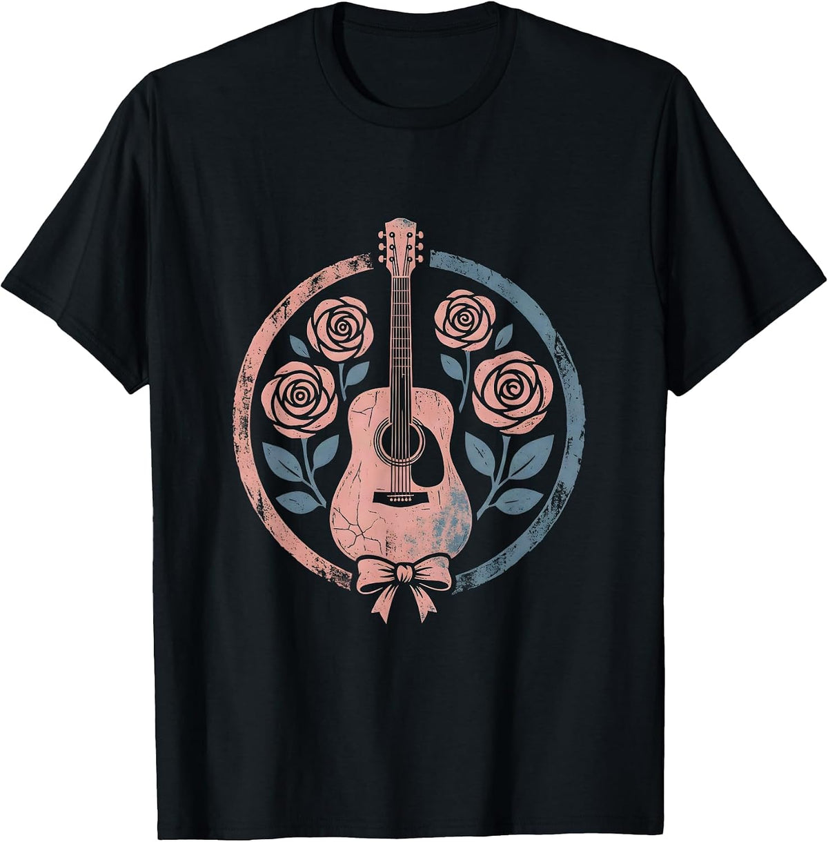 Men's 90s Country Acoustic Guitar Denim and Roses Graphic T-Shirt - Black