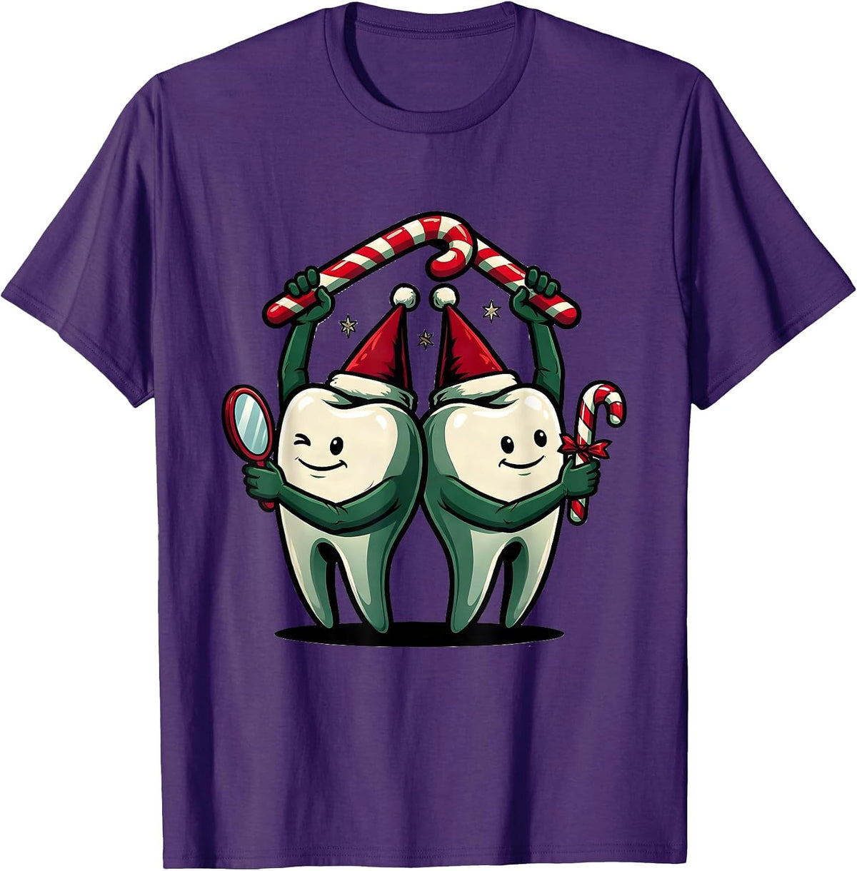 Rounded Teeth Candy-Cane Dental Humor Christmas Crew T-Shirt - Purple