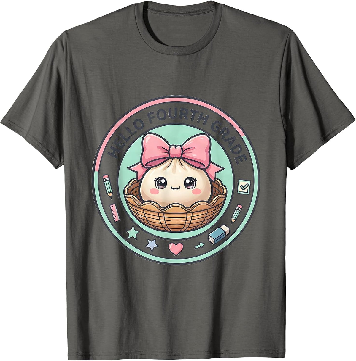 Hello Fourth Grade Kawaii Dumpling Back to School Girl T-Shirt - Asphalt Grey