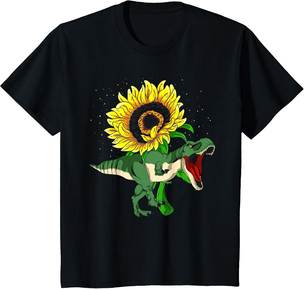 Floral Sunshine Flower T-Rex Sunflower Roaring Dinosaur T-Shirt - Black