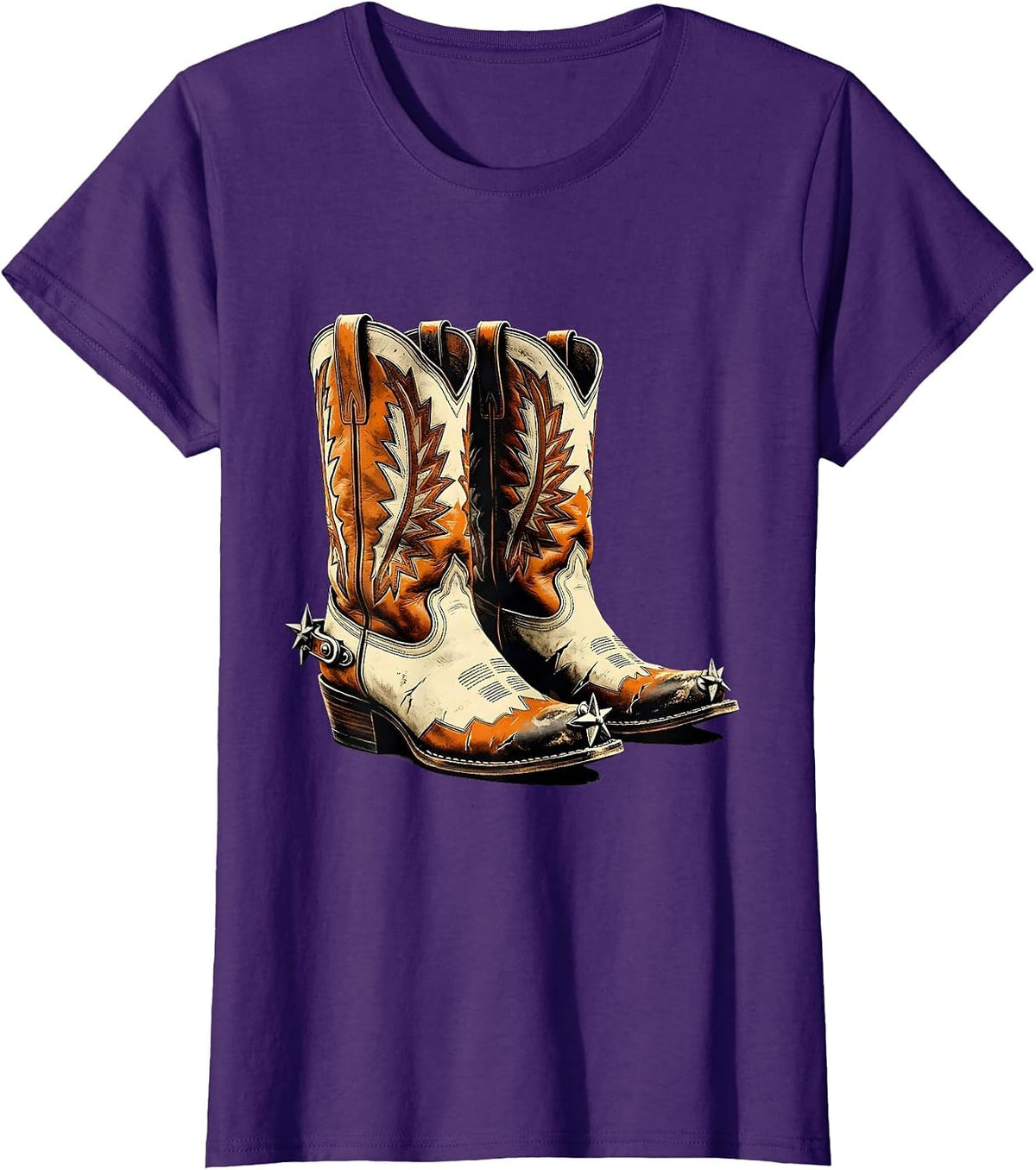 Women's Worn Cowboy Boots With Spurs Graphic T-Shirt - Purple