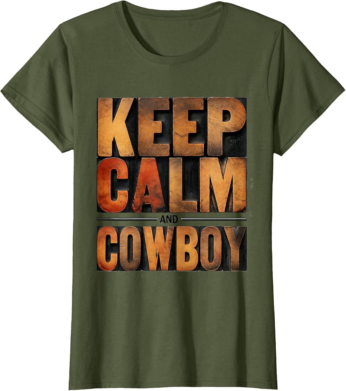 Women's Keep Calm and Cowboy Western Graphic Design T-Shirt - Olive Green