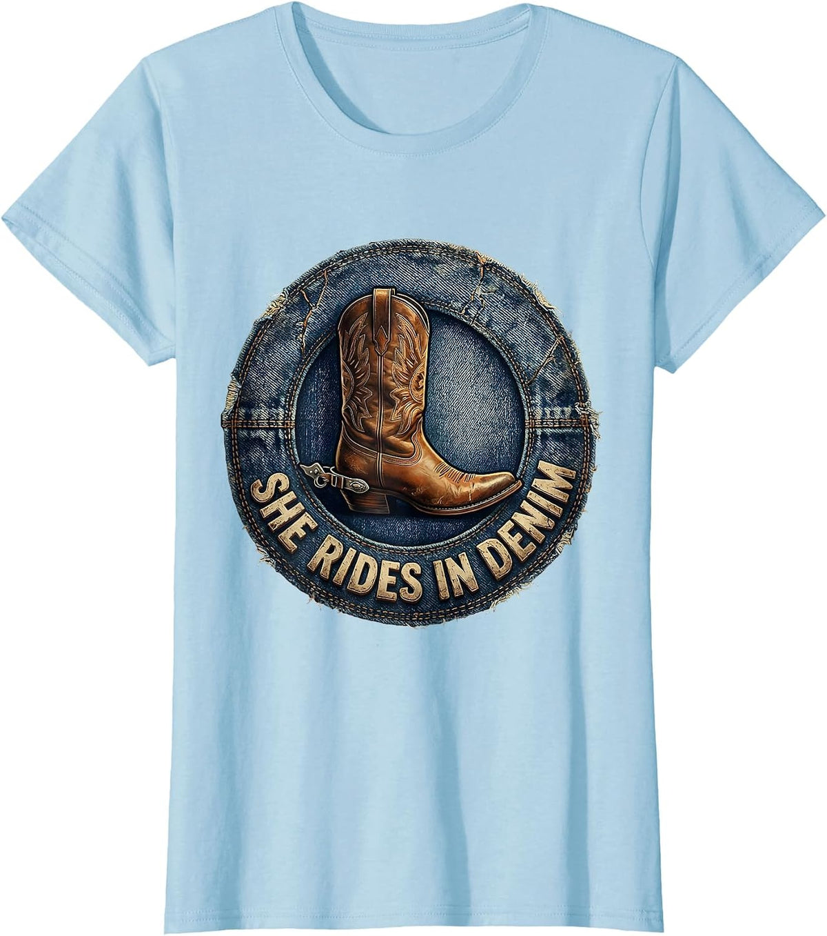 She Rides In Denim Cowgirl Graphic Design T-Shirt - Baby Blue