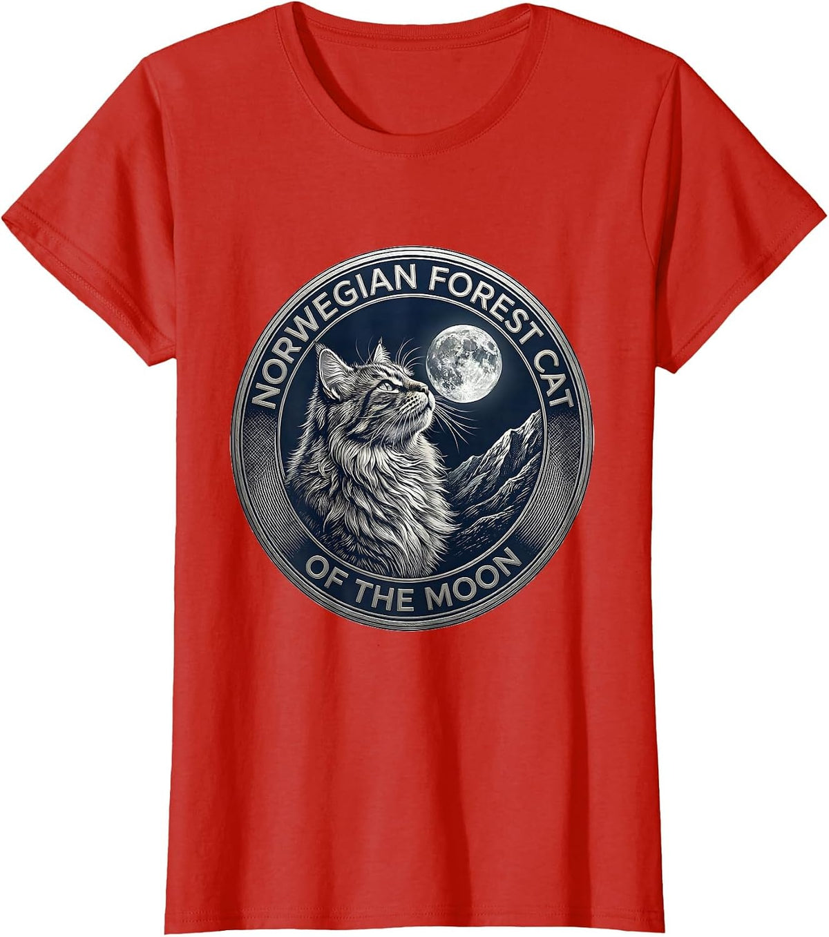 Norwegian Forest Cat Of The Moon Crosshatch Etching Retro T-Shirt - Red
