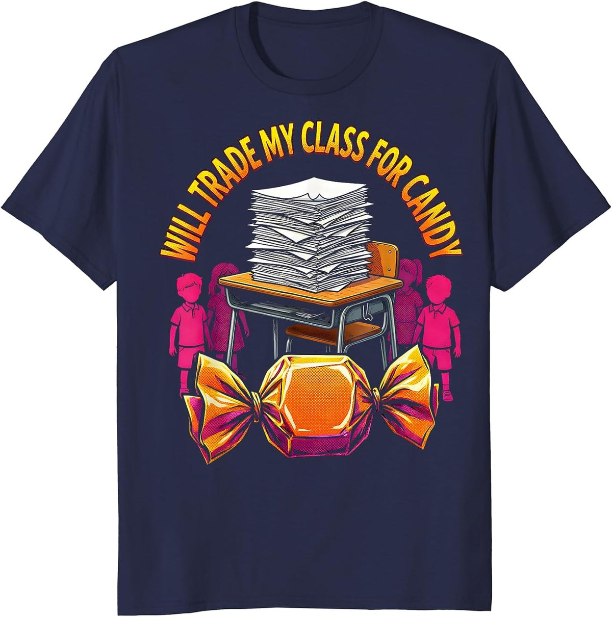 Men's Will Trade My Class For Candy Pop Art Teacher Halloween T-Shirt - Navy Blue
