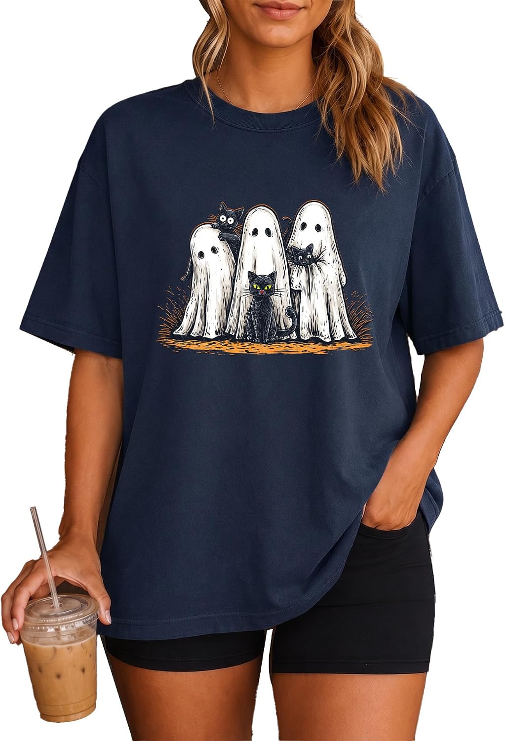Ghosts and Black Cats Cute Halloween Graphic Tee - Navy