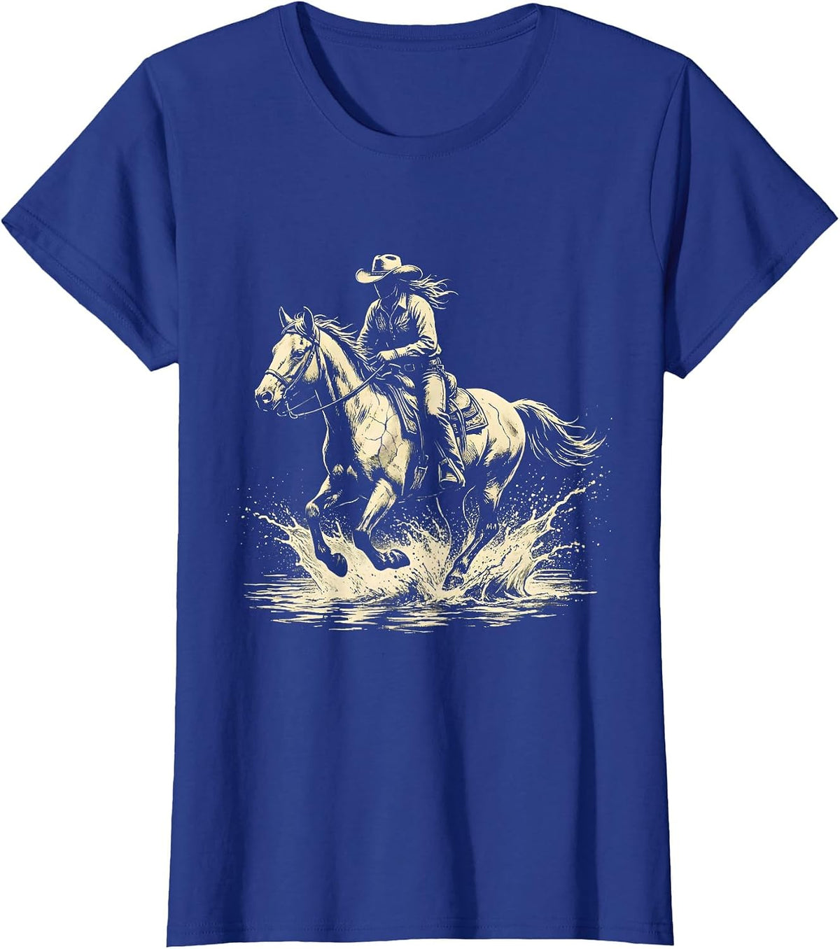 Women's Cowgirl Riding Horse Through River Illustration T-Shirt - Royal Blue