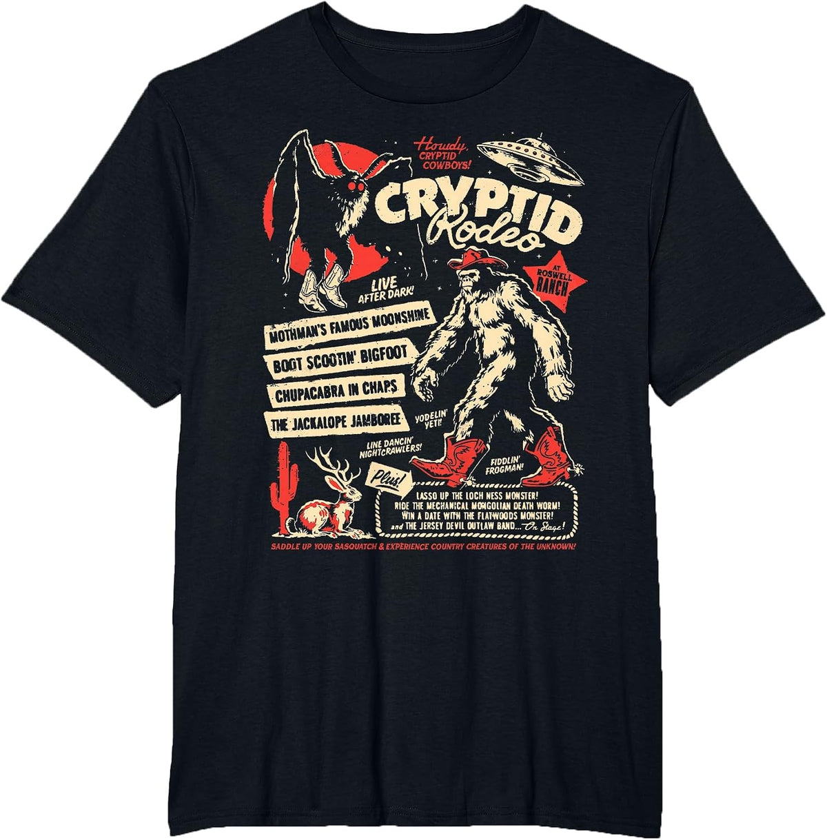 Cryptid Rodeo Mothman Chupacabra Jackalope Cowboy Halloween T-Shirt - Black