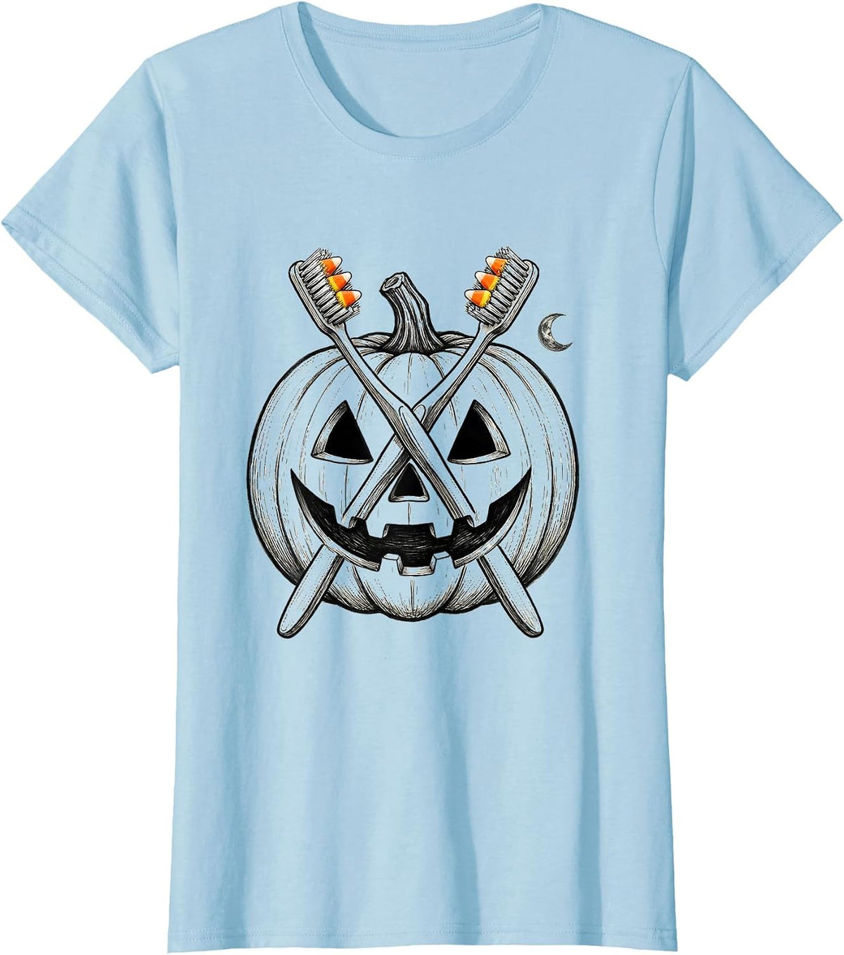 Crossed Toothbrush Jack-O-Lantern Halloween Dental Staff T-Shirt - Baby Blue