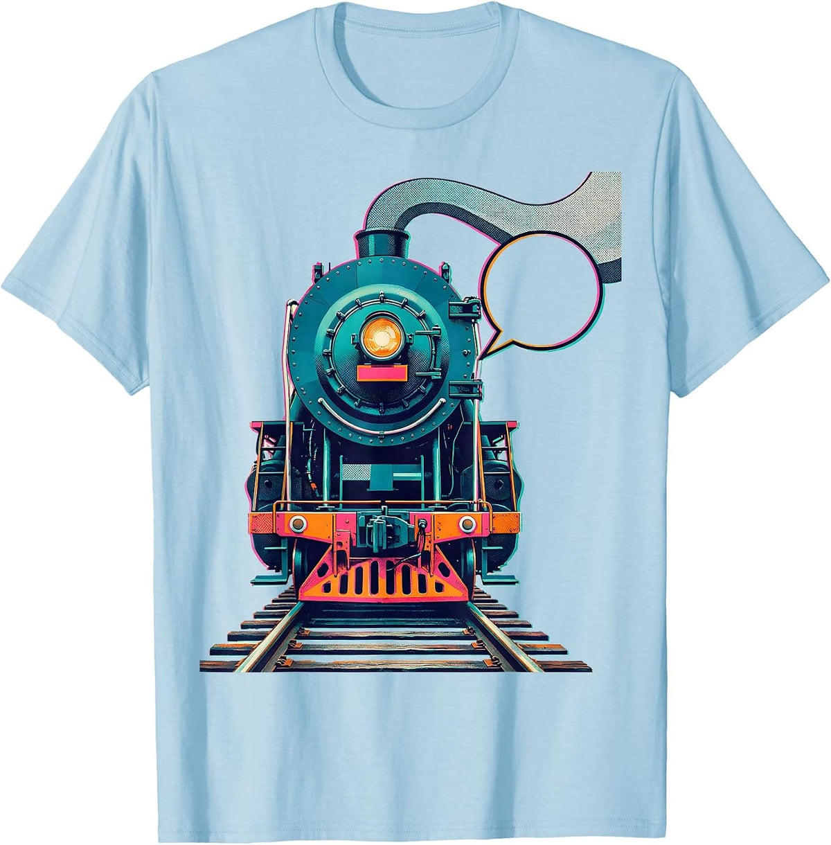 Men's Locomotive Face Risograph Train Enthusiast Humor T-Shirt - Baby Blue