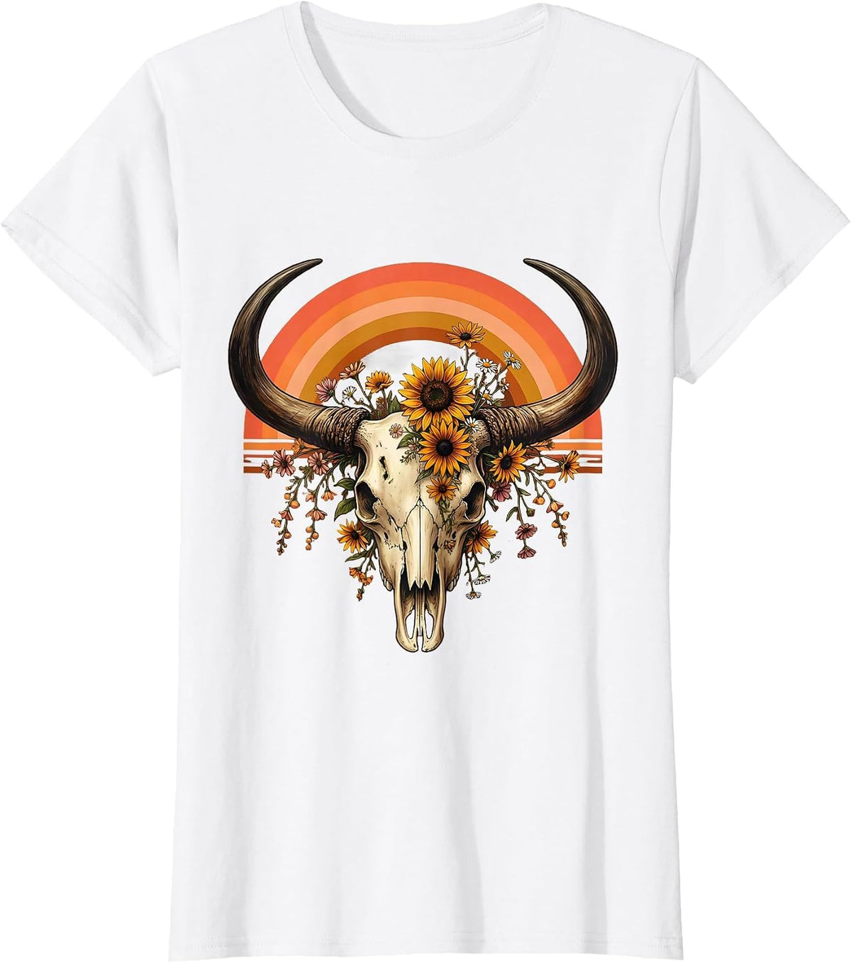 Longhorn Skull Prairie Wildflower Western Design T-Shirt - White