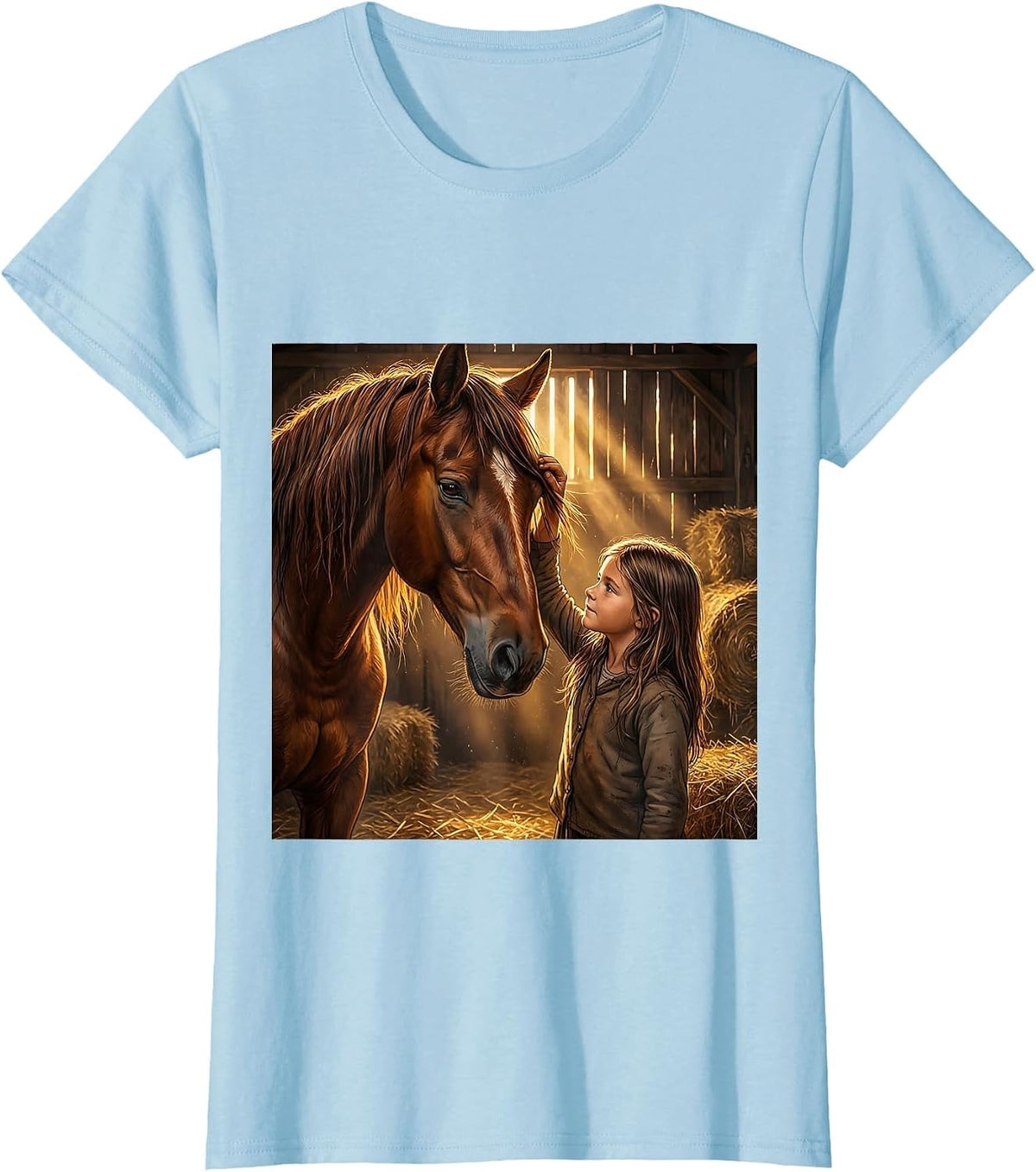 Horse Girl Grooming Golden Barn Light Illustration T-Shirt - Baby Blue
