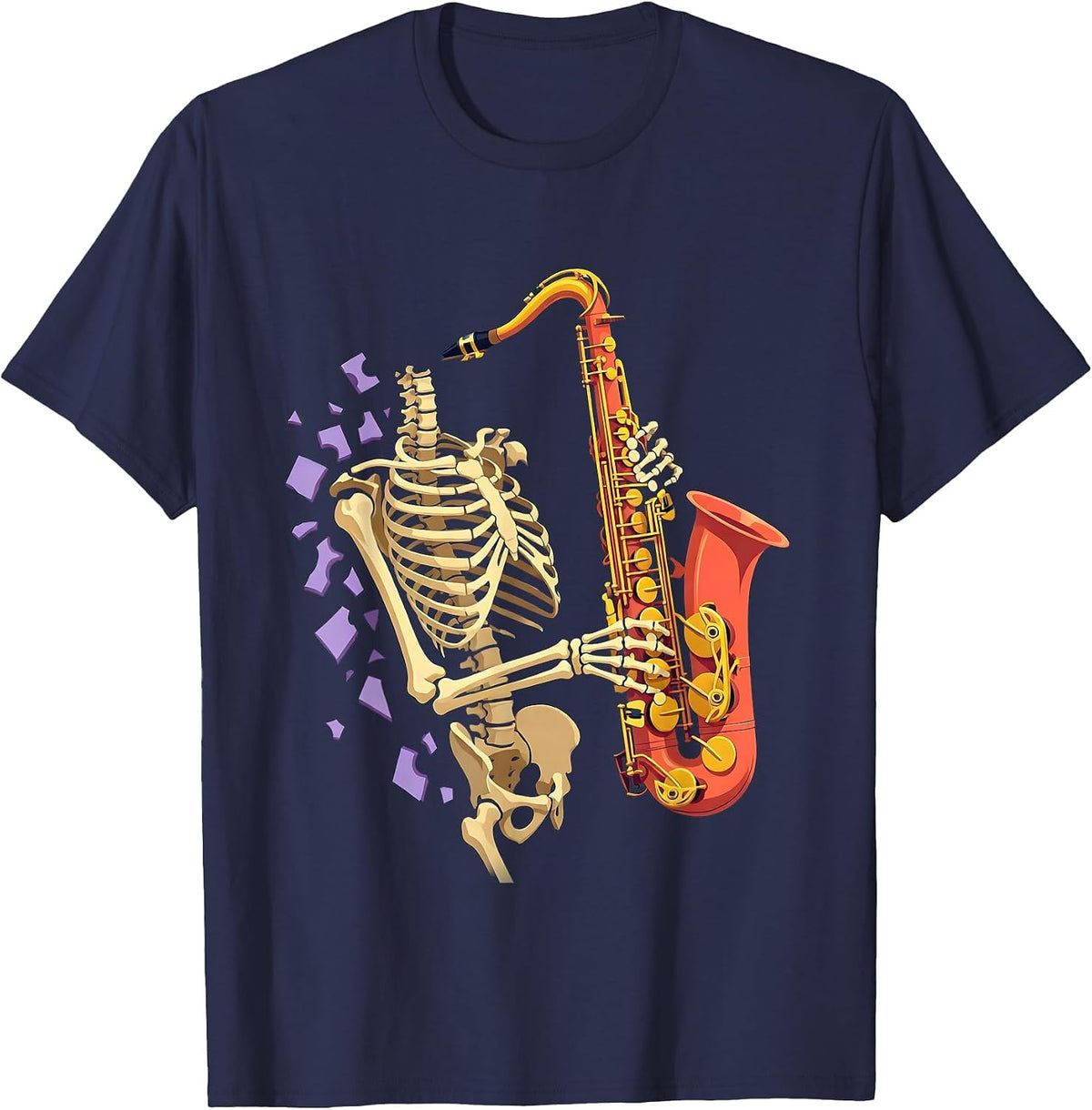 Skeleton Saxophonist Flat Vector Halloween Musician Costume T-Shirt - Navy Blue