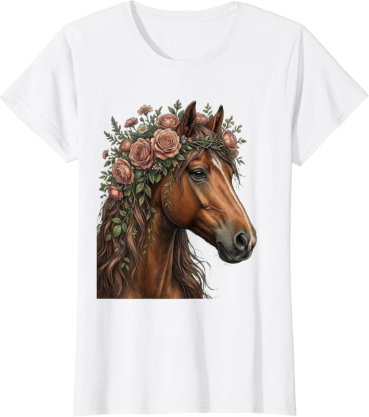 Floral Crown Horse Profile Graphic Tee T-Shirt - White