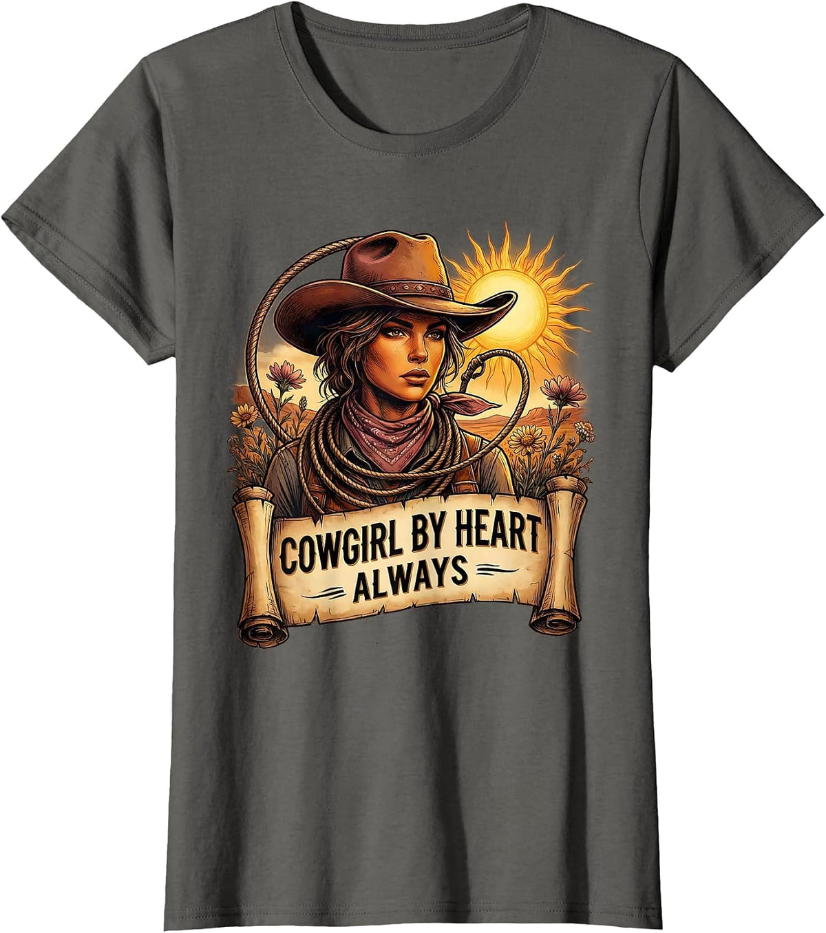 Women's Cowgirl By Heart Always Western Spirit Design T-Shirt - Asphalt Grey
