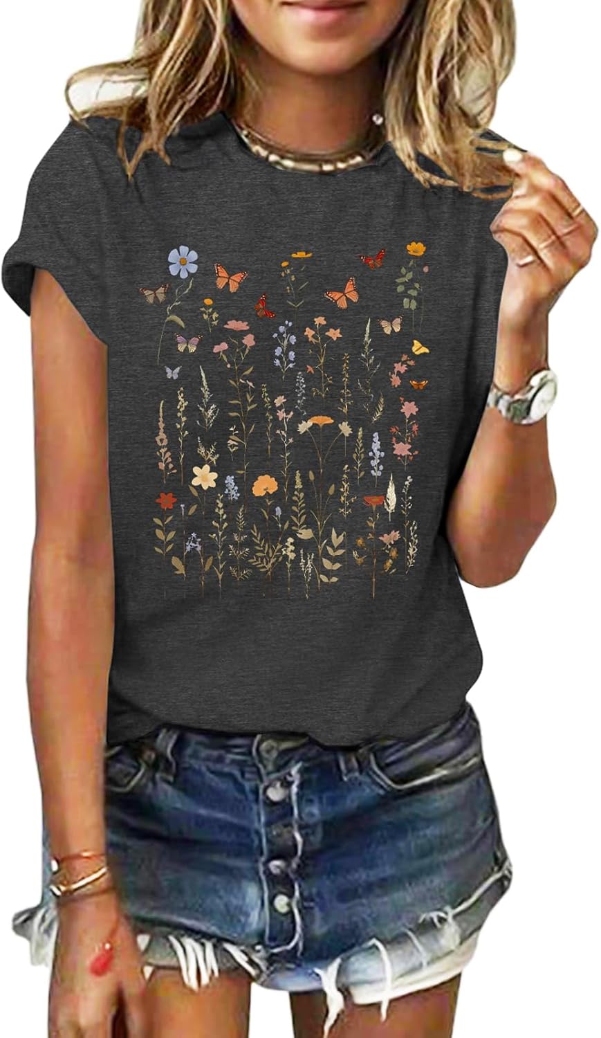 GEMLON Graphic Tees for Women Print Short Sleeve Tops Summer Casual T-Shirt - N2 Grey&floral