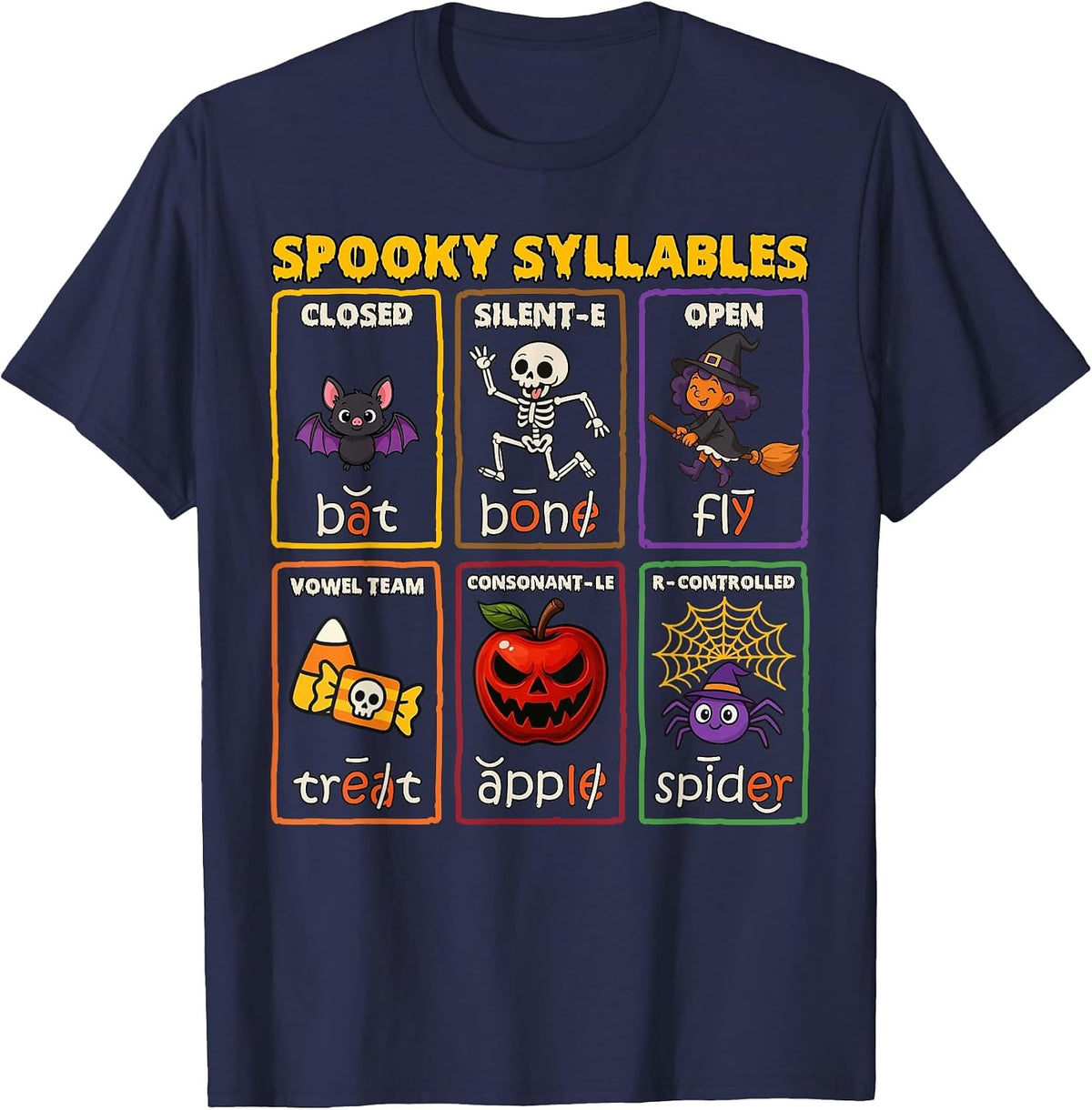 Spooky Syllables Halloween Reading Teacher T-Shirt - Navy Blue
