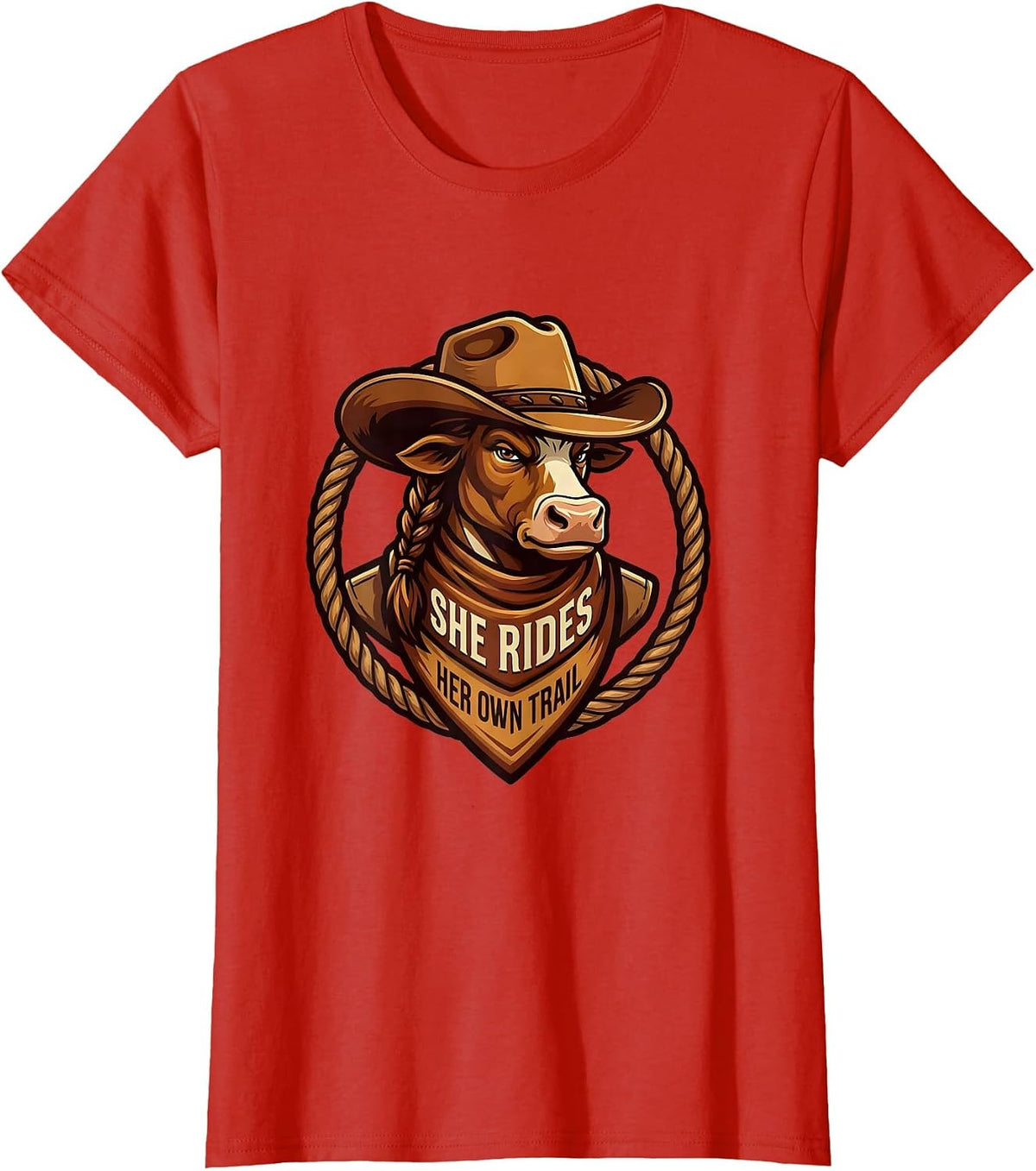 Women's She Rides Her Own Trail Cowgirl Design T-Shirt - Red