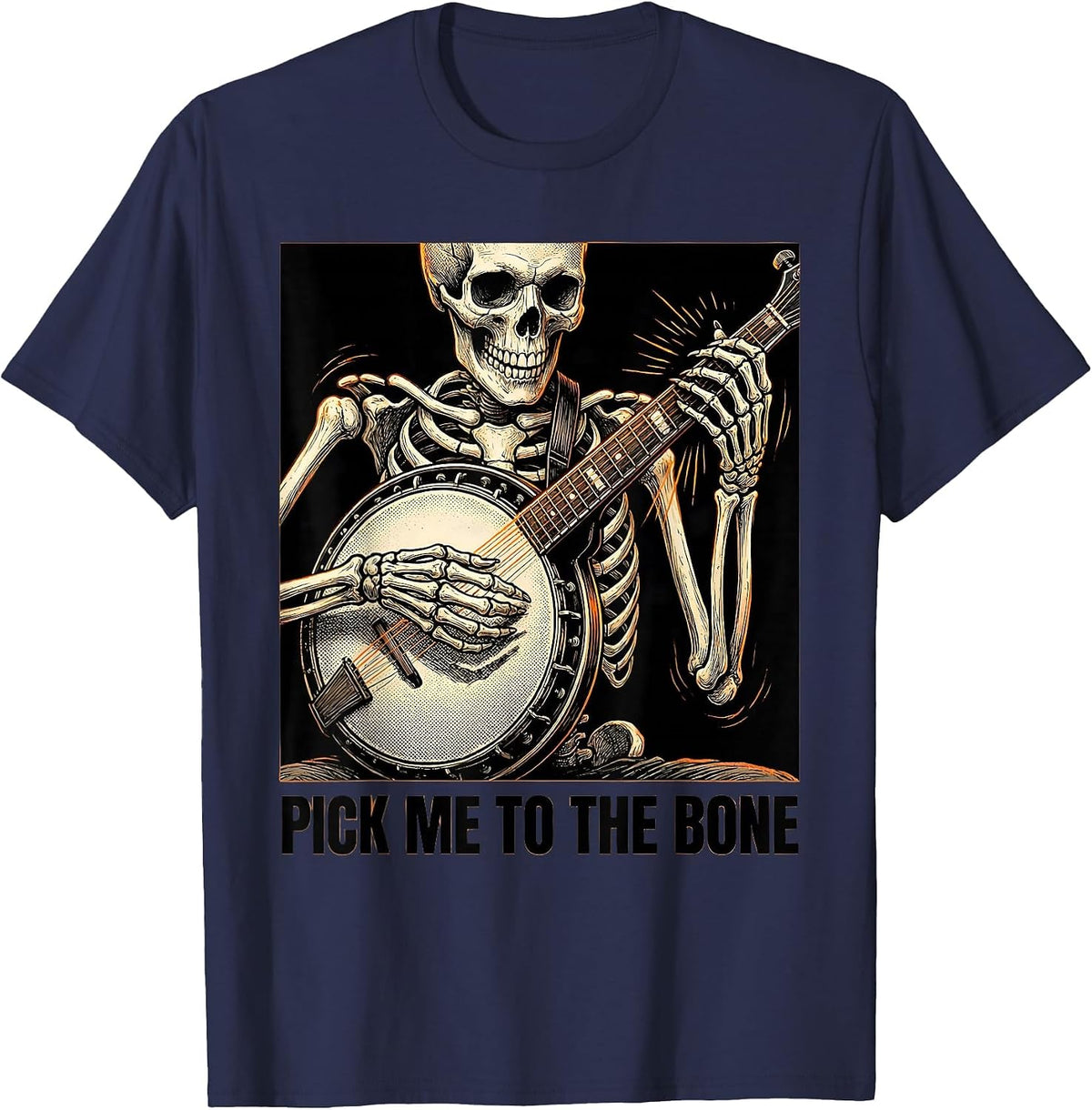 Men's Pick Me To The Bone Funny Skeleton Banjo Player Halloween T-Shirt - Navy Blue