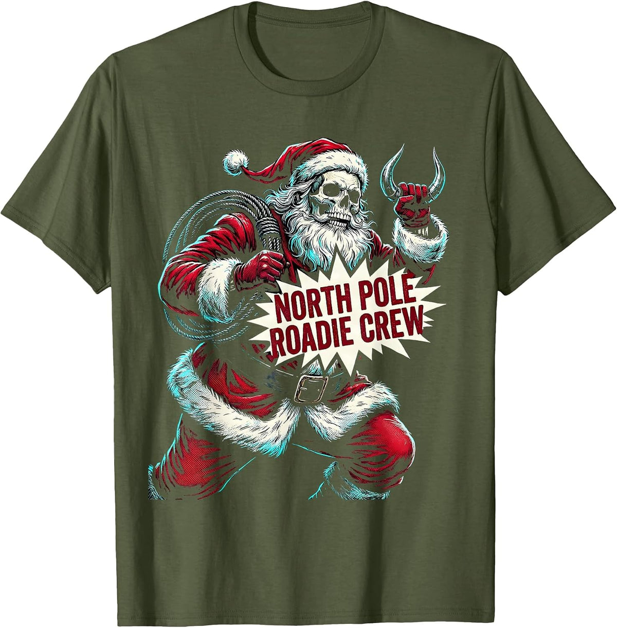 North Pole Roadie Crew Comic Book Heavy Metal Rock Music T-Shirt - Olive Green