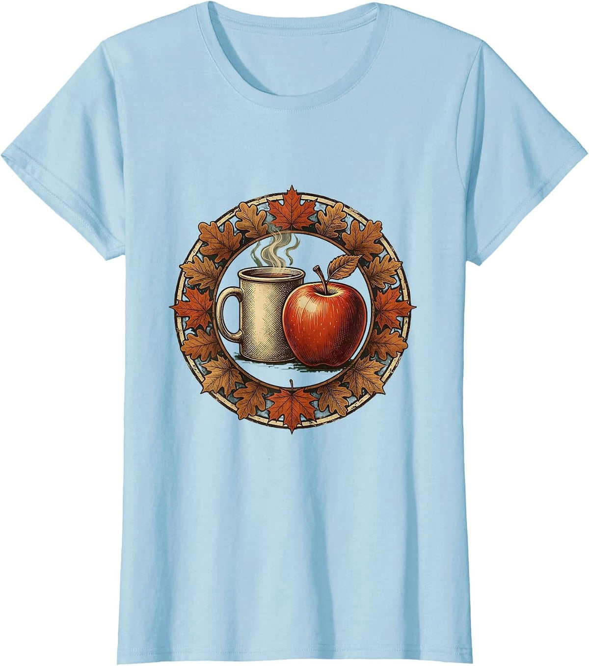 Women's Teacher Fall Steaming Mug and Apple Illustration T-Shirt - Baby Blue