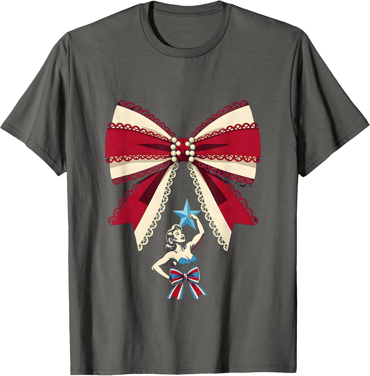 Retro Flexing Star Tattoo Red White Blue Design T-Shirt - Asphalt Grey