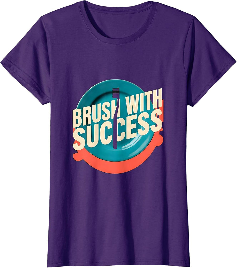 Women's Brush With Success Midcentury Modern Dental Hygienist Humor T-Shirt - Purple