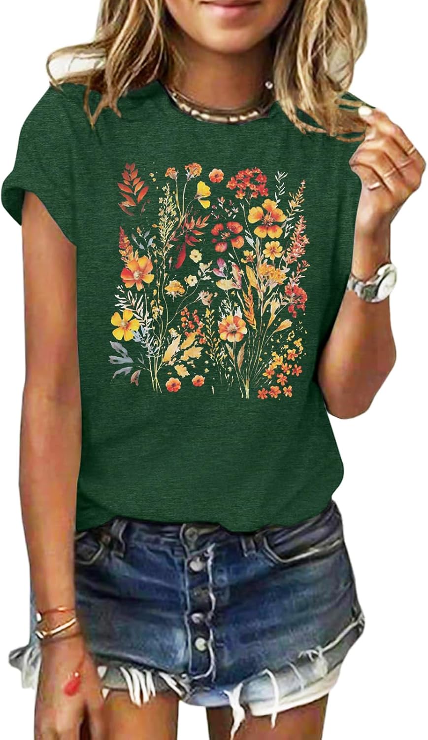 GEMLON Graphic Tees for Women Print Short Sleeve Tops Summer Casual T-Shirt - N3 Darkgreen&floral