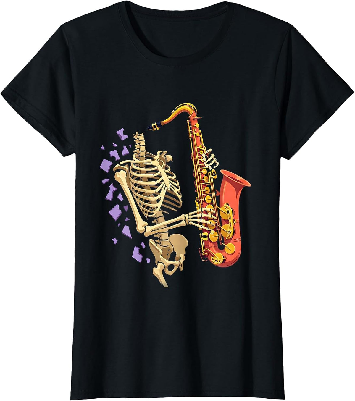 Skeleton Saxophonist Flat Vector Halloween Musician Costume T-Shirt - Black