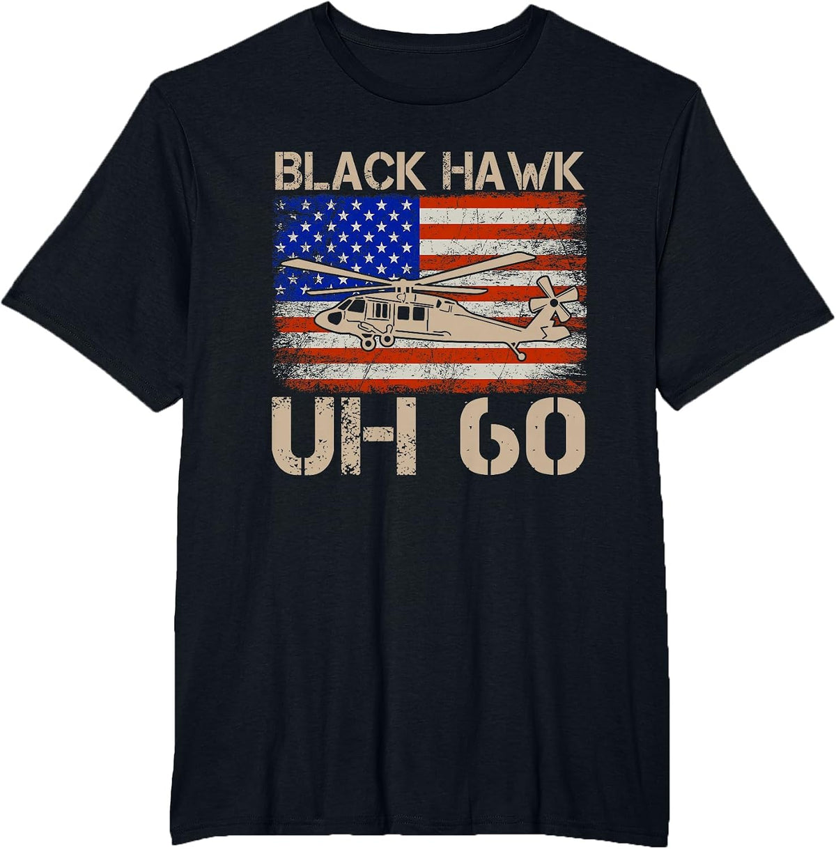Patriotic USA Flag Military Helicopter UH-60 Black Hawk T-Shirt - Black
