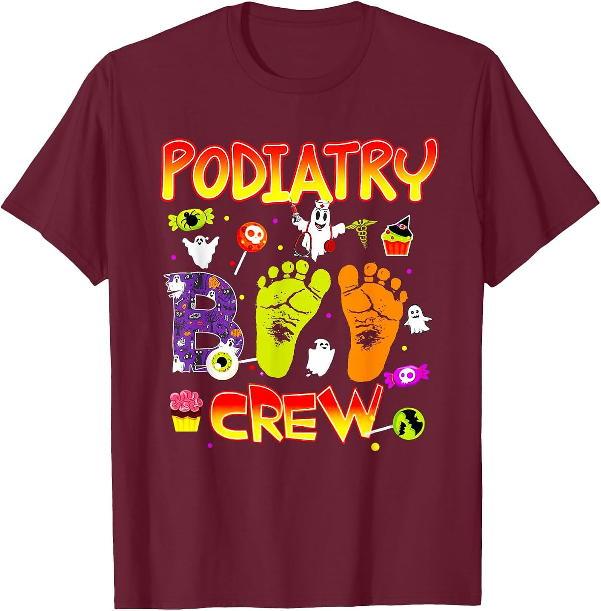 Podiatry Boo Crew Funny Ghost Footprint Halloween Spooky T-Shirt - Burgundy