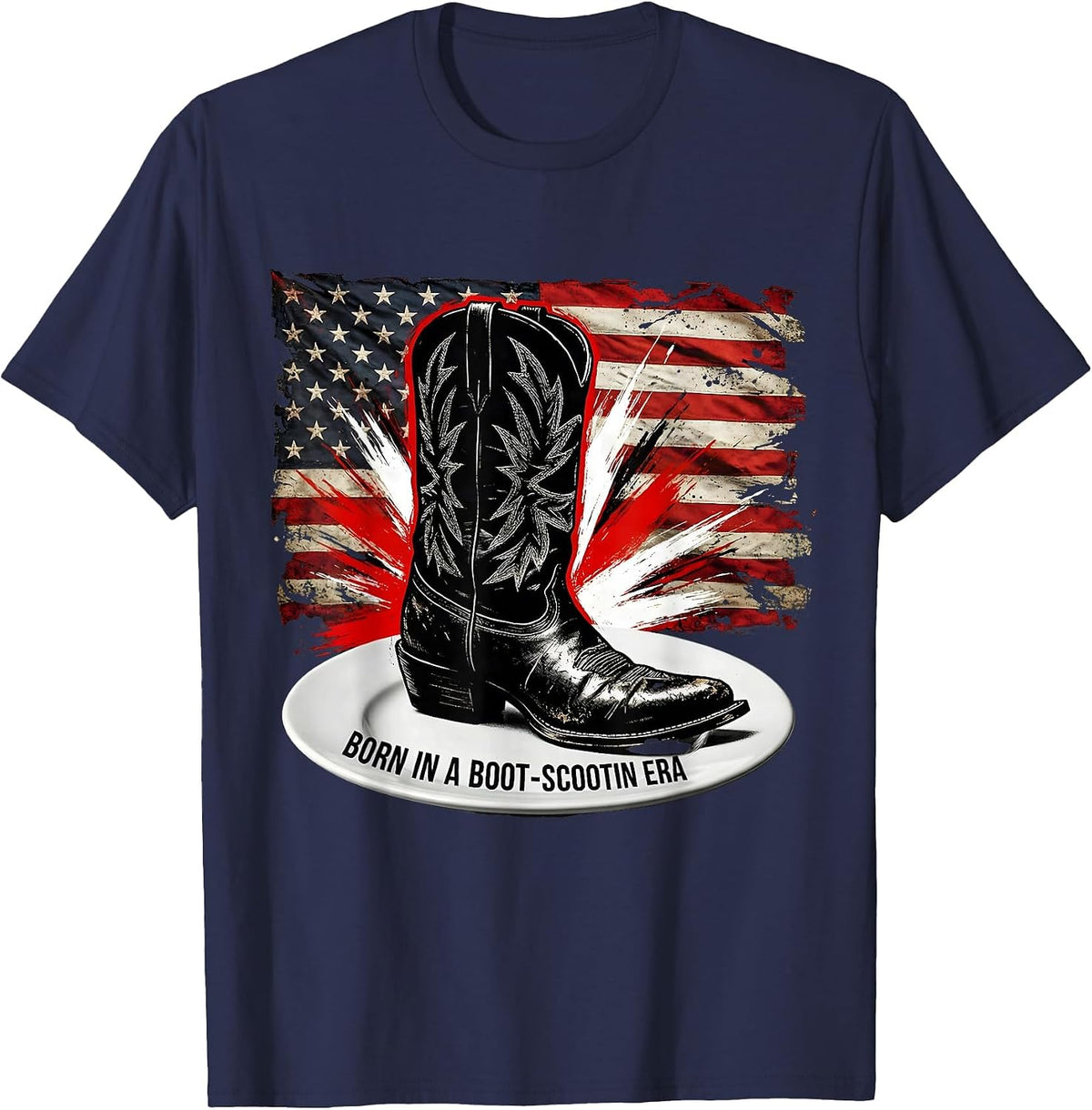 Born in a Boot-Scootin Era 90s Country Design T-Shirt - Navy Blue