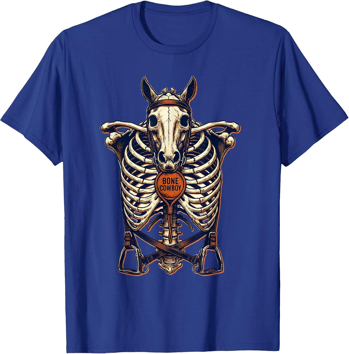 Men's Bone Cowboy Risograph Skeleton Horse Equestrian Halloween T-Shirt - Royal Blue