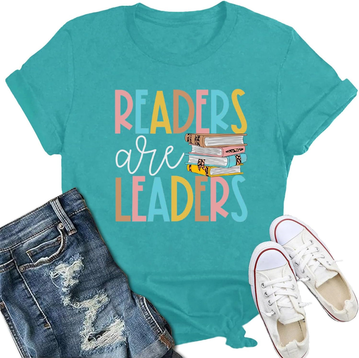 Women's Reading Shirts Readers are Leaders Read Lover Bookworm Tee - Cyan