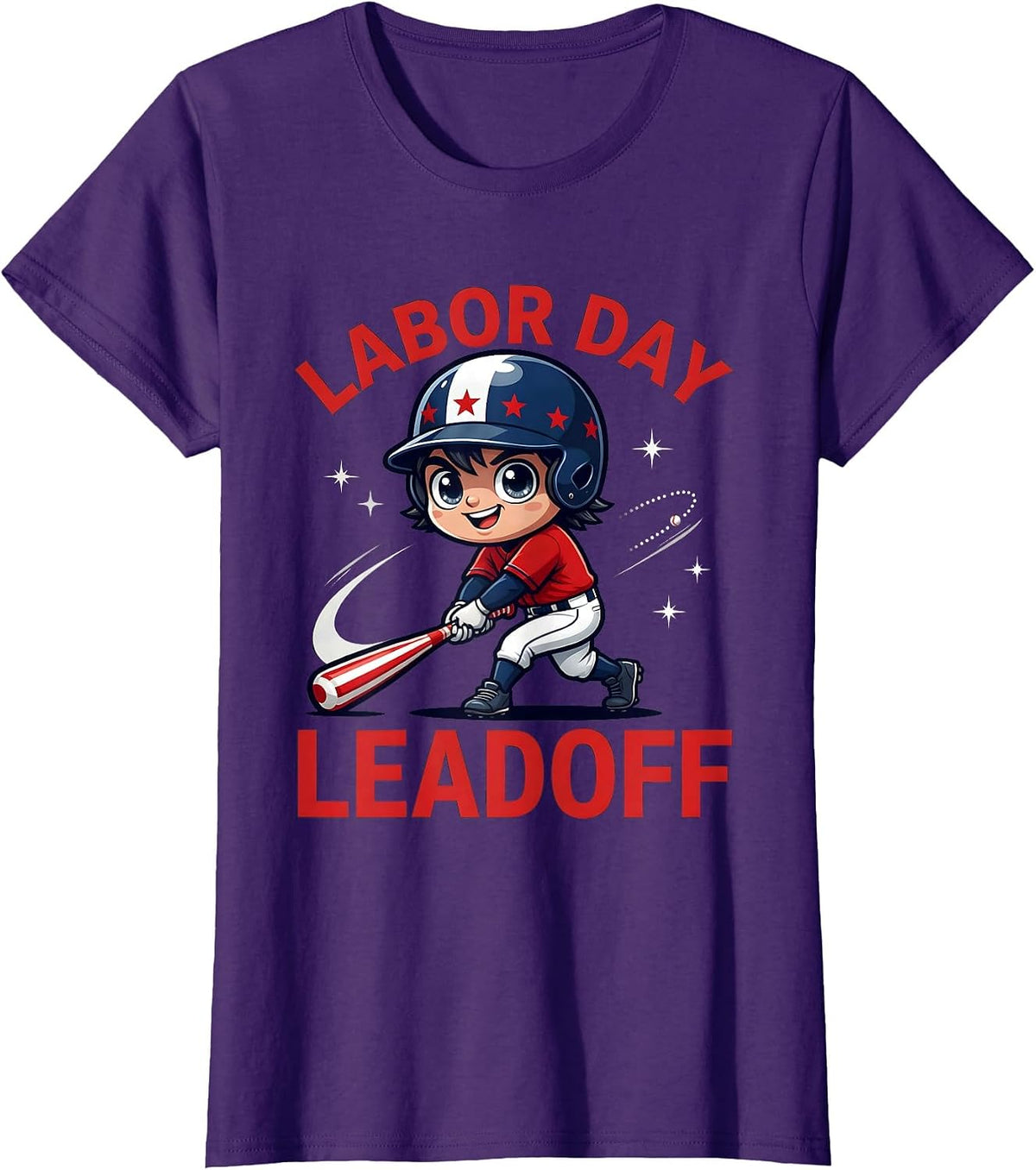 Women's LABOR DAY LEADOFF Cartoon Baseball Player Labor Day T-Shirt - Purple